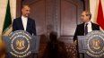El ministro de Asuntos Exteriores de Siria, Faisal Mekdad (derecha), habla con su contraparte iraní, Hossein Amirabdollahian, durante una conferencia de prensa conjunta en Damasco, Siria, el lunes 8 de abril de 2024.&nbsp;