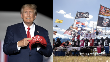 El expresidente de Estados Unidos, Donald Trump, junto a una imagen de un evento en su apoyo. Ambas fotos son de octubre de 2022.&nbsp;