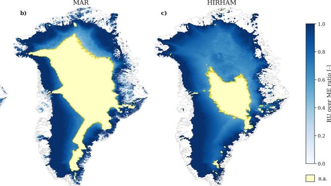 Fracción de agua de deshielo que se escurre del GrIS a finales del siglo (2080-2099), según los modelos (a) RACMO, (b) MAR y (c) HIRHAM.&nbsp;