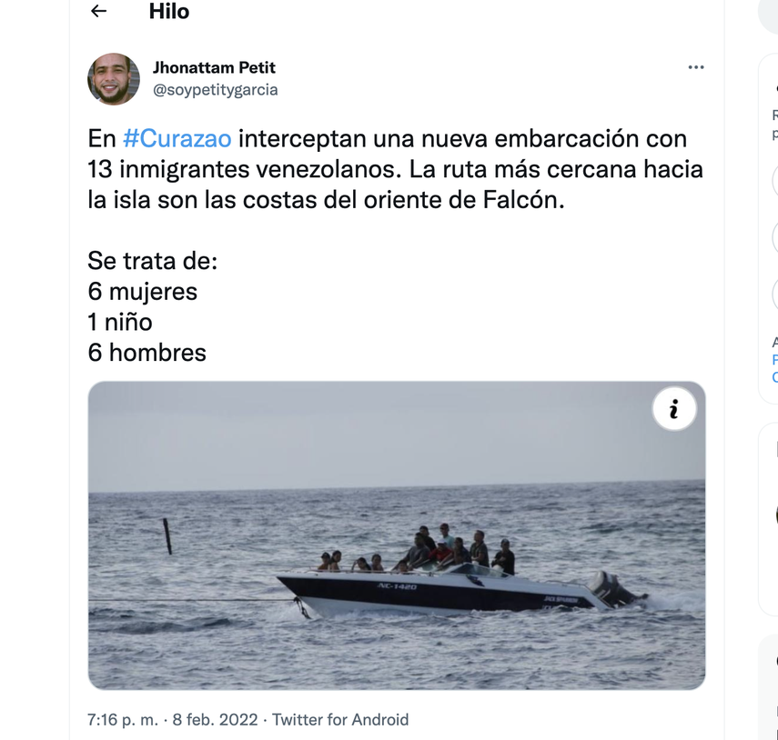 El periodista Jhonattam Petit publicó la foto de la embarcación de venezolanos rescatada por la Guardia Costera de Curazao&nbsp;