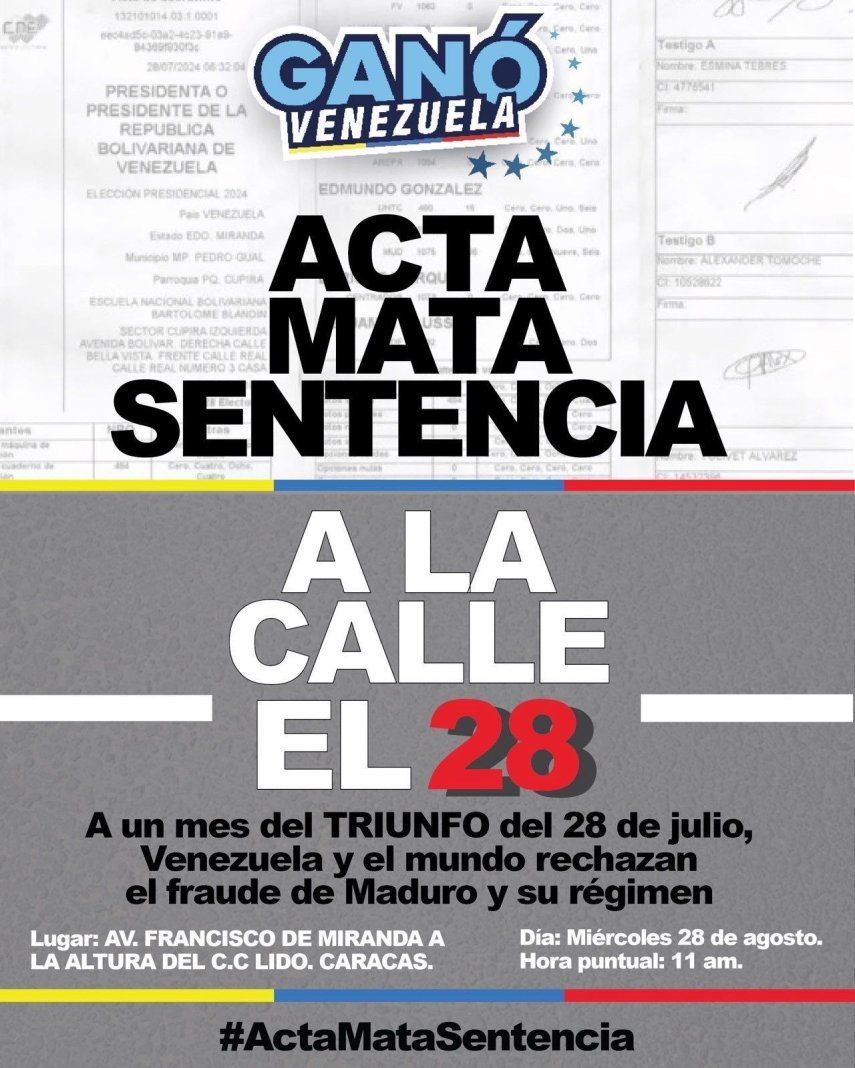 La líder de la oposición María Corina Machado convocó a los venezolanos a una concentración el próximo miércoles 28 de agosto.