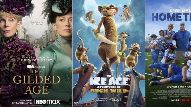 Collage de los afiches promocionales de las algunos de los estrenos en las plataformas de streaming, The Gilded Age, The Ice Age: Adventures of Buck Wild, y Home Team.&nbsp;