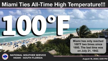 Fotografía difundida por la división Miami-Sur de Florida del Servicio Meteorológico Nacional (NWS Miami) en sus redes sociales donde se anuncia la máxima temperatura de calor alcanzada en la historia de la ciudad.