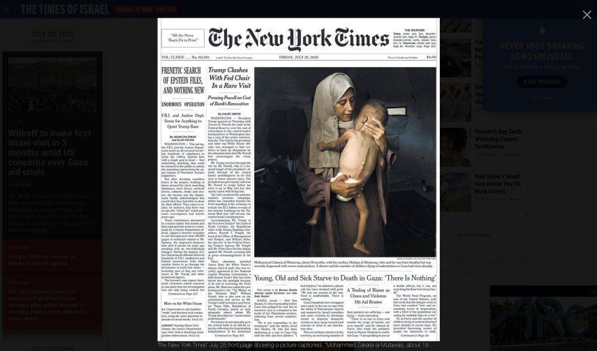Captura de pantalla de The Times of Israel, medio que informó sobre la publicación engañosa de la foto del niño en Gaza, por parte de The New York Times.&nbsp;