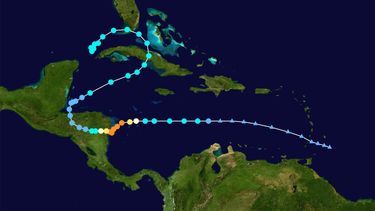 Esta imagen recoge la errática trayectoria del fenómeno ciclónico Eta, por el mar Caribe.