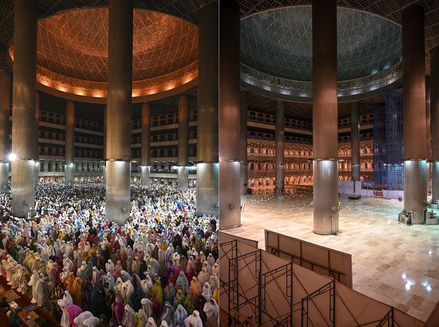 Combinaci&oacute;n de im&aacute;genes de la Gran Mezquita de Istiqlal el 5 de mayo de 2019 y el 24 de abril de 2020, en la primera noche del mes sagrado del Ramad&aacute;n, en Yakarta.