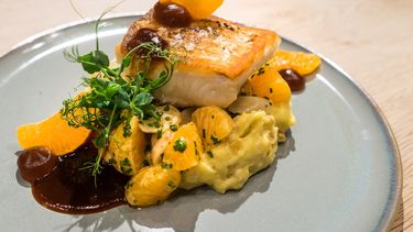 Ragout de mandarinas con salsifí negro y puré de patatas. 