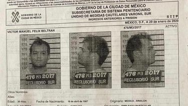 Este documento fechado el 28 de octubre de 2017, facilitado por las autoridades penitenciarias de la Ciudad de M&eacute;xico, muestra fotograf&iacute;as de V&iacute;ctor Manuel F&eacute;lix Beltr&aacute;n, uno de tres presos que escaparon del Reclusorio Sur, seg&uacute;n funcionarios, en una camioneta de transporte penitenciario.&nbsp;