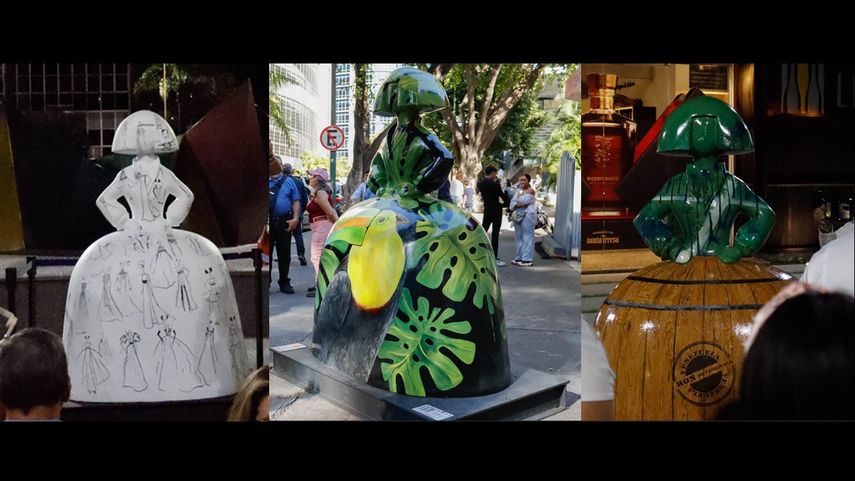 De izquierda a derecha las esculturas Ángel Sánchez, Tucán y Ron de Venezuela de la exposición Meninas Caracas Gallery, del artista plástico venezolano Antonio Azzato. &nbsp;