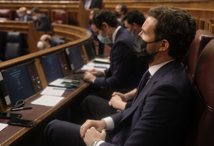 El líder del PP, Pablo Casado, en una sesión de control al Gobierno, a 26 de mayo de 2021, en el Congreso de los Diputados, Madrid, (España).&nbsp;&nbsp;