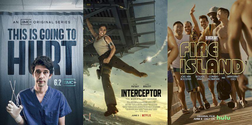 En esta combinación de fotografías el arte promocional de, de izquierda a derecha, This is Going to Hurt, una serie que se estrena el 2 de junio en AMC+, Interceptor una película que se estrena el 3 de junio en Netflix y Fire Island, una película que se estrena el 3 de junio en Hulu.