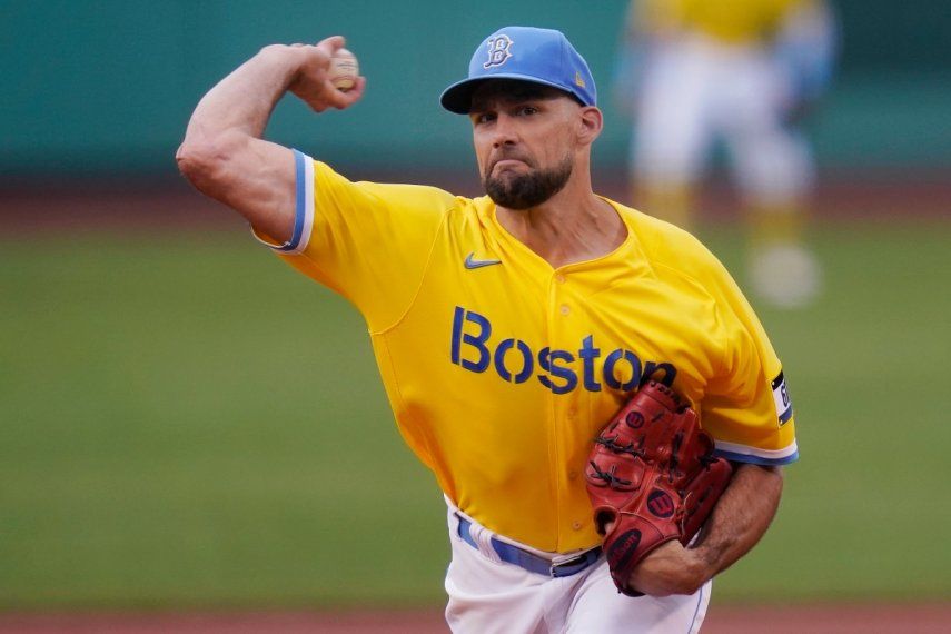 En foto del 27 de julio del 2022, el lanzador abridor de los Medias Rojas de Boston, Nathan Eovaldi, en el encuentro ante los Guardianes de Cleveland.
