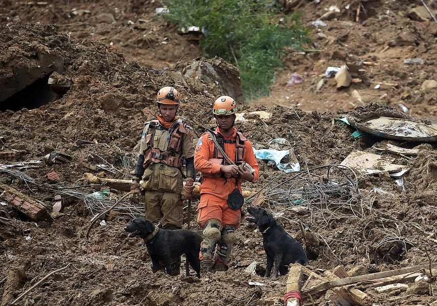 Los miembros del equipo de rescate de los servicios de bomberos y un perro buscan sobrevivientes después de un deslizamiento de tierra en Petrópolis, Brasil, el 16 de febrero de 2022.