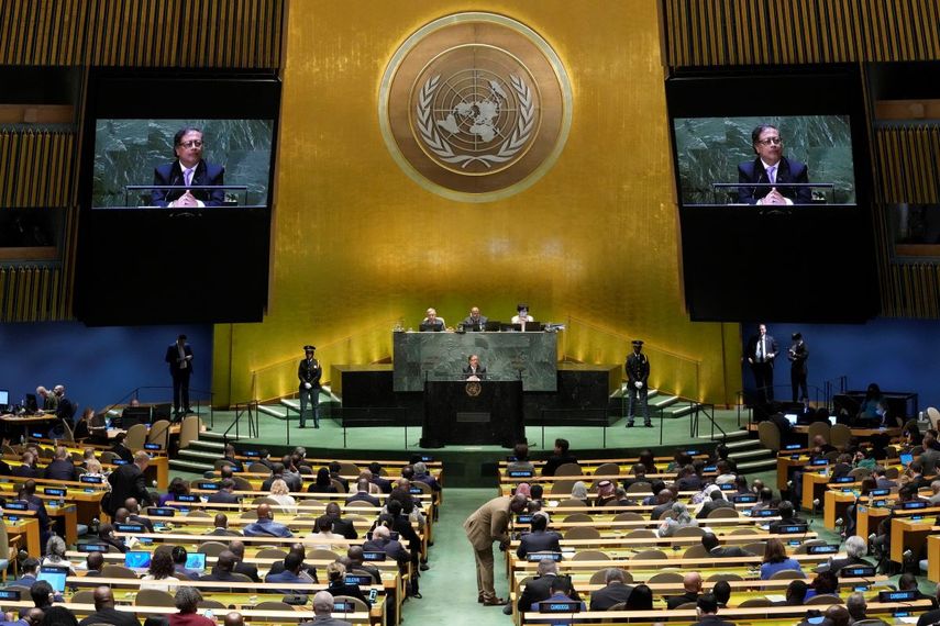 El presidente de Colombia, Gustavo Petro, en su intervención en la 78a sesión de la Asamblea General de Naciones Unidas, el martes 19 de septiembre de 2023.