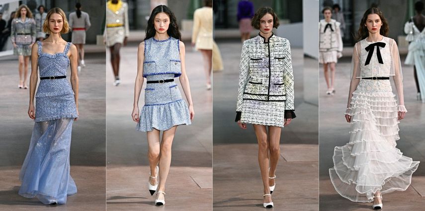 Esta combinación de imágenes creada el 28 de enero de 2025 muestra a modelos presentando creaciones para Chanel durante la Semana de la Moda de Alta Costura Femenina Primavera/Verano 2025 en París, el 28 de enero de 2025.