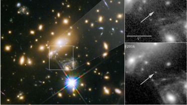 Combo de fotografías cedido que muestra tres imágenes captadas por el Telescopio Espacial Hubble: el emplazamiento de la&nbsp;estrella&nbsp;Ícaro (en el cuadro) dentro del gran cúmulo de galaxias MACS J1149.5 + 223.&nbsp;