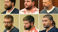 Los acusados de torturar a dos hombres negros en Mississippi. Desde la izquierda superior: los expolicías del condado Rankin (Mississippi) Hunter Elward, Christian Dedmon, Brett McAlpin, Jeffrey Middleton, Daniel Opdyke y el expolicía de Richland, Joshua Hartfield en el tribunal del condado Rankin en Brandon, Mississippi, el 14 de agosto de 2023