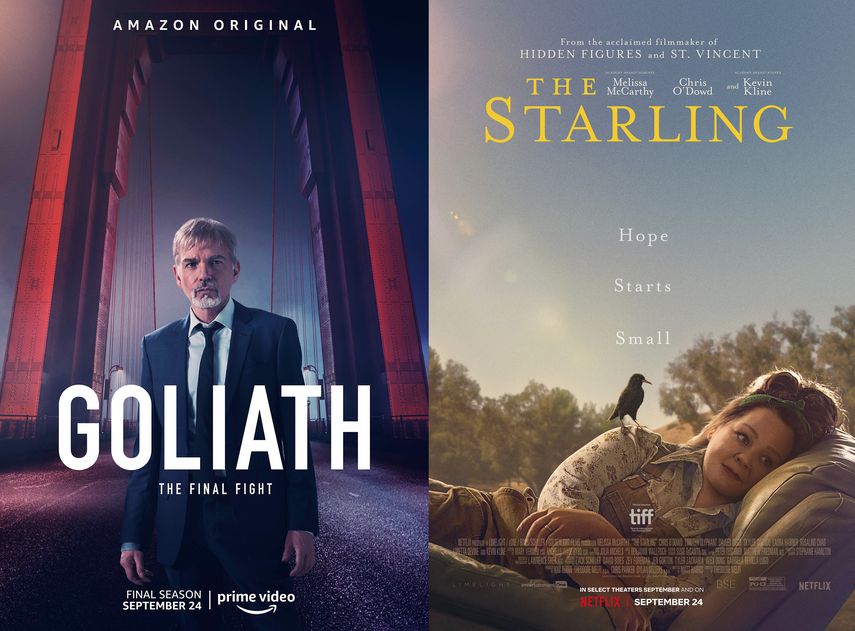 En esta combinación de fotos, el arte promocional de la serie Goliath de Amazon Prime Video, que llega a su fin el 24 de septiembre, y The Starling, una película protagonizada por Melissa McCarthy que se estrena el 24 de septiembre en Netflix.&nbsp;