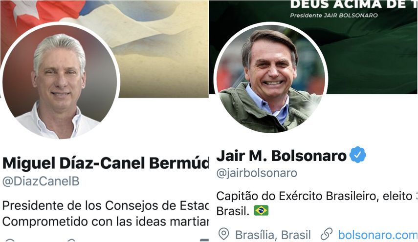 Capturas de pantalla de las cuentas en Twitter de&nbsp;Jair M. Bolsonaro y Miguel Díaz-Canel.&nbsp;