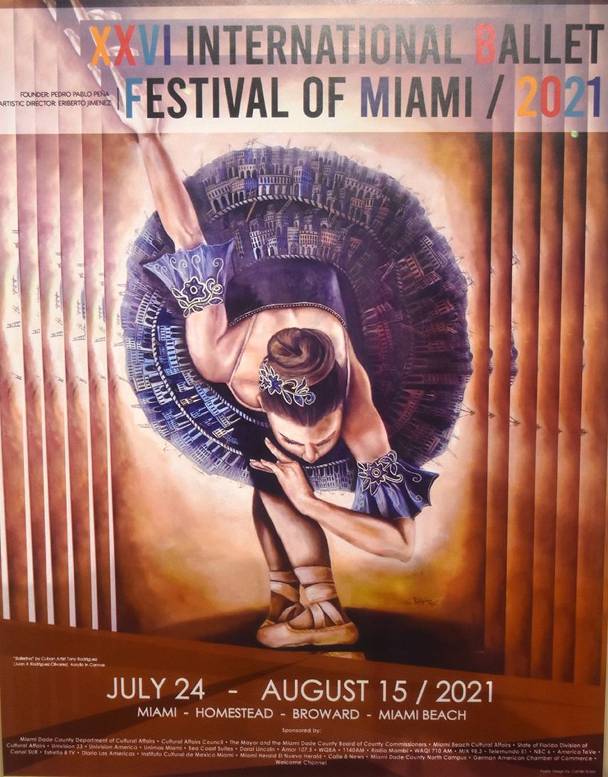 La obra Ballerina, de Tony Rodríguez, intervenida como póster para la edición 2021 del Festival Internacional de Ballet de Miami.