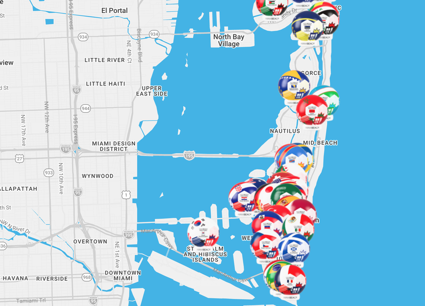 Mapa de Miami Beach con la ubicación de los distintos balones de futbol.&nbsp;