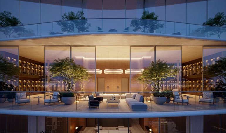 Una de las diversas áreas de esparcimiento de la torre (Brickell Wine and Spirit Lounge).