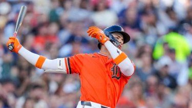 Trei Cruz #40 de los Detroit Tigers se poncha durante su debut contra los Chicago White Sox en la parte baja de la segunda entrada en el Comerica Park el 19 de junio de 2026&nbsp;
