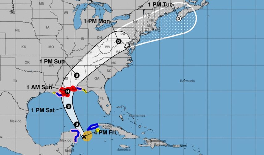 Nate se desplazaba en la tarde de este viernes a 21 millas por hora con rumbo nornoreste y se espera mantenga este desplazamiento a lo largo del sábado, cuando se halle en el Golfo de México, para luego aplicar un giro hacia el norte.
