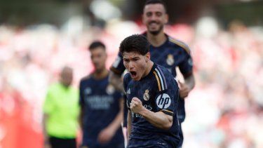 Fran Garcia del Real Madrid celebra tras anotar el primer gol de su equipo en el duelo ante el Granada en la liga española el sábado 11 de mayo del 2024.&nbsp;