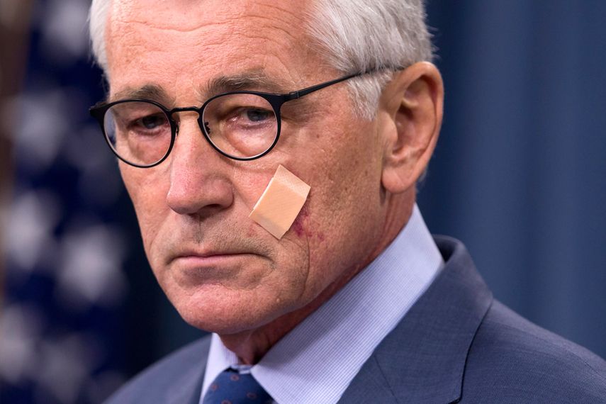 El secretario estadounidense de Defensa, Chuck Hagel, hace una pausa durante una conferencia de prensa en el Pentágono, el pasado viernes 14 de noviembre de 2014, en la que anunció una reforma total en la administración del arsenal nuclear. (AP Foto/Ev