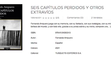 Captura de pantalla del portal de SBS Librería Internacional que muestra la portada y sinopsis del nuevo libro del escritor peruano Fernando Ampuero,&nbsp;“Seis capítulos perdidos y otros extravíos”.