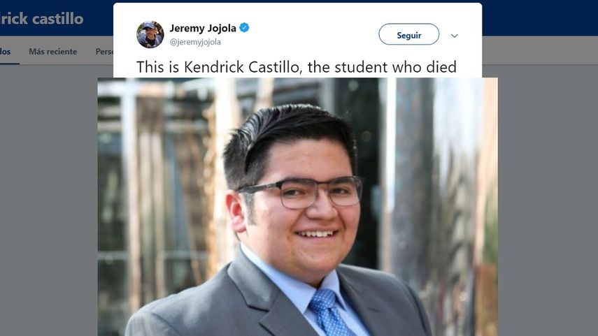 Fotografía publicada en la cuenta de Twitter de @jeremyjojola del estudiante Kendrick Castillo, quien murió mientras intentaba enfrentar a los autores del tiroteo en la escuela STEM de&nbsp;&nbsp;Highlands Ranch, al sur de Denver, Colorado.