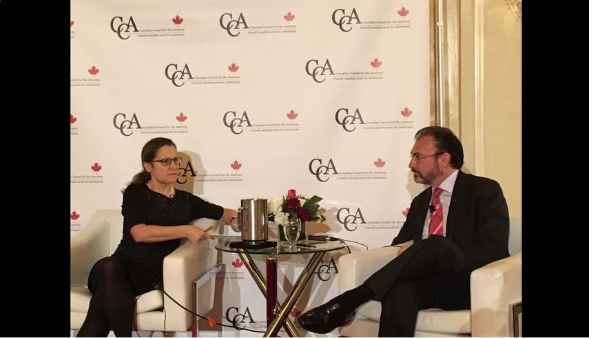 La ministra de Asuntos Exteriores de Canadá, Chrystia Freeland, y el ministro de Relaciones Exteriores de México, Luis Videgaray.