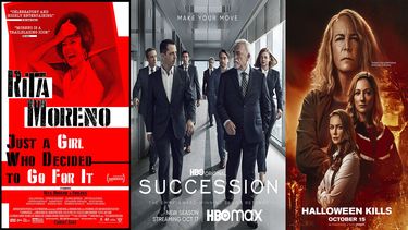 En esta combinación de fotos, el arte promocional de Rita Moreno: Just a Girl Who Decided to Go for It, Succession y Halloween Kills.