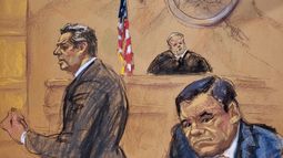 Reproducción del juicio a el Chapo, donde aparece el abogado Jeffrey Lichtman, mientras presenta sus recursos frente al juez Brian cogan y su cliente el narcotraficante mexicano Joaquín El&nbsp;Chapo Guzmán.