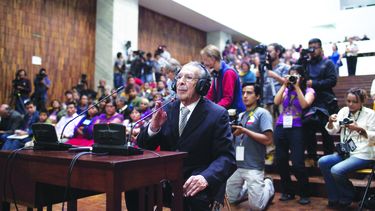 El exgeneral  guatemalteco José Efraín Ríos Montt  habla en la Corte Suprema de Ciudad de Guatemala.