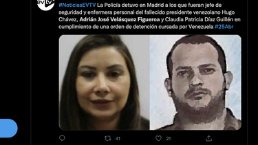 De izquierda a derecha, Claudia Patricia Díaz Guillén, quien fuera la enfermera personal del fallecido Hugo Chávez, y Adrián José Velásquez Figueroa, exjefe de seguridad de Chávez.