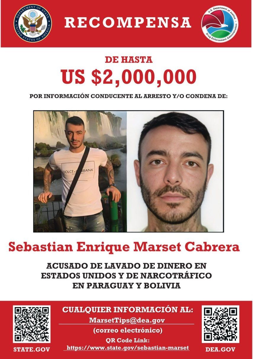 Sebastián Marset es acusado de narcotráfico por Estados Unidos, que ofrece una recompensa de 2 millones de dólares por información sobre su paradero.