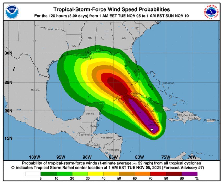 Estos gráficos muestran las probabilidades de velocidades sostenidas del viento en la superficie (promedio de 1 minuto) iguales o superiores a 34 nudos (39 mph).&nbsp; Tormenta tropical Rafael noviembre 5 2024 .jpg