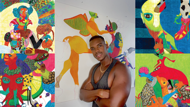 El artista cubano Ray Tenorio junto a algunas de sus obras.&nbsp;