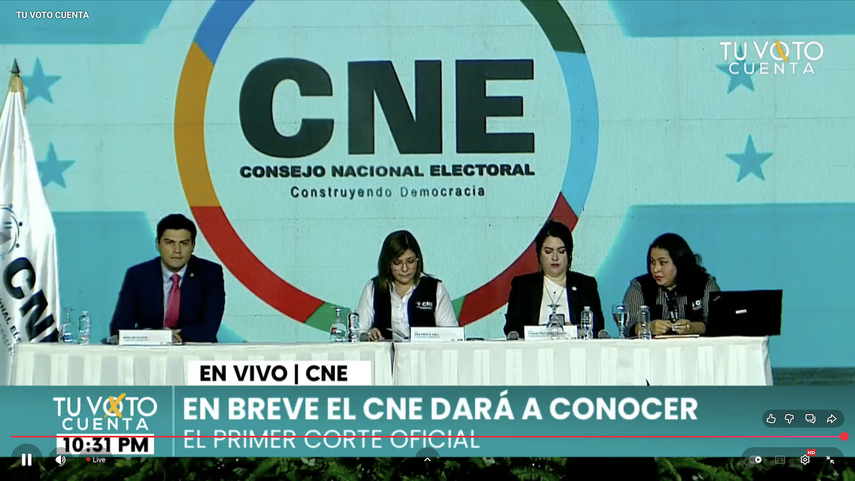 Consejo Nacional Electoral de Honduras en espera de dar el primer corte oficial tras las elecciones el 30 de noviembre de 2025. 
