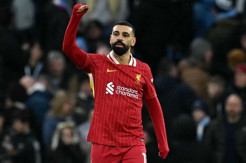 El egipcio Mohamed Salah celebra luego de anotar el primer gol del Liverpool en un partido contra el Manchester City, el 23 de febrero de 2025.