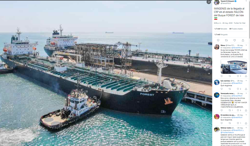 Imagen publicada por uno de los representantes del r&eacute;gimen Tareck El Aissami donde se observa uno de los buques petroleros iran&iacute;es en mayo.&nbsp;