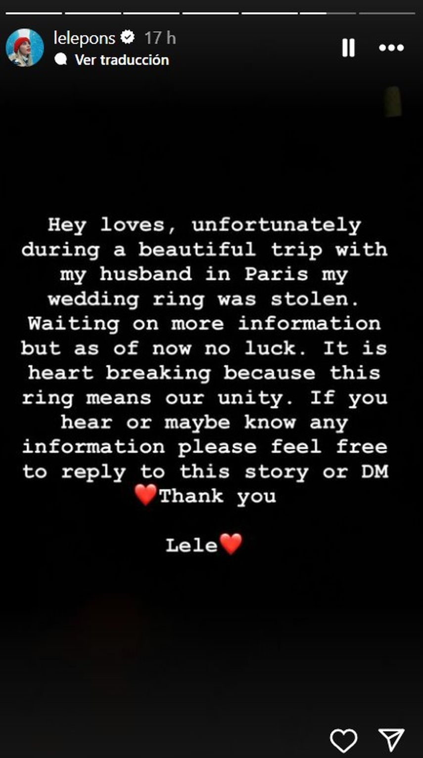 Lele Pons reporta robo de anillo de boda en París.