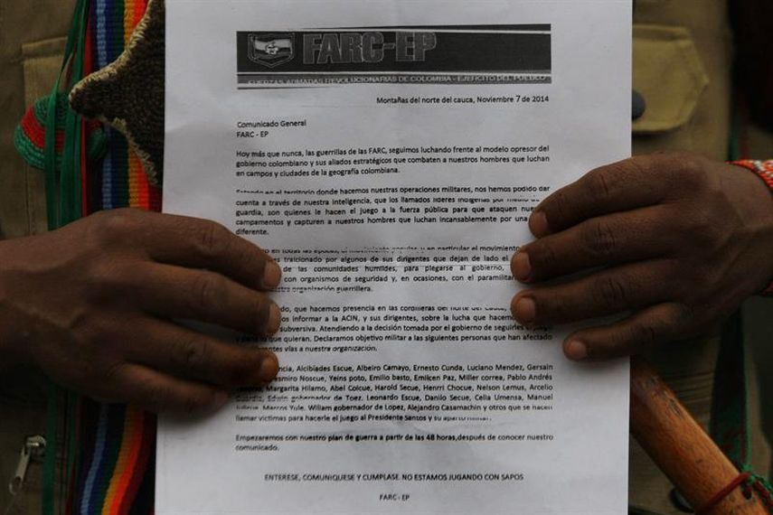 Exigen a las FARC que fijen su posición con respecto al asesinato hace tres días de  dos indígenas 