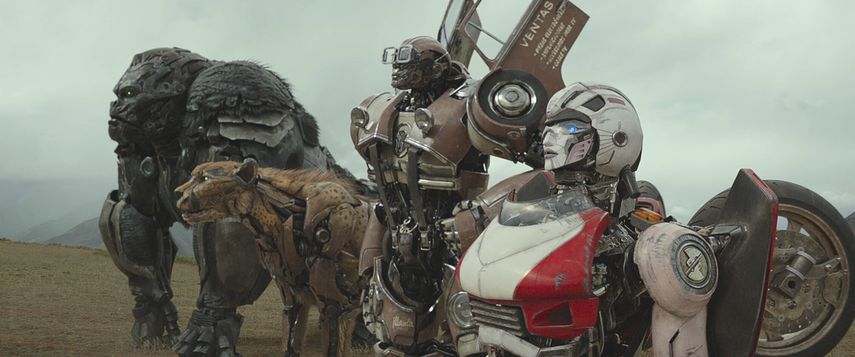 Esta imagen proporcionada por Paramount Pictures muestra Optimus Primal, Cheetor, Wheeljack y Arcee en una escena del filme&nbsp;Transformers: Rise of the Beasts.&nbsp;