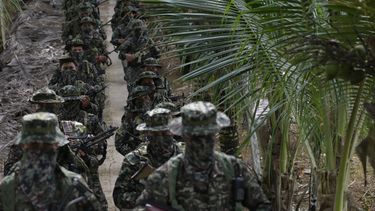 Miembros del grupo disidente de las FARC Segunda Marquetalia marchan en una finca en Llorente, una zona rural de la ciudad portuaria de Tumaco, departamento de Nariño, Colombia, el 31 de agosto de 2024.