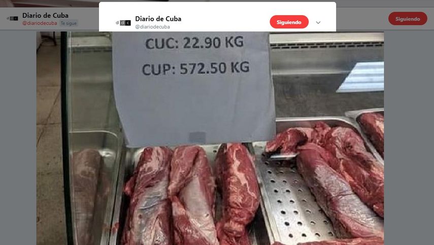 Fotografía que muestra los precios de la carne vacuna en una tienda cubana publicada por Diario de Cuba en su cuenta oficial de Twitter.