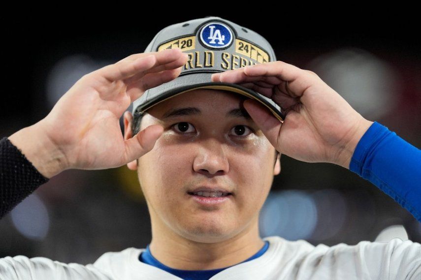 Shohei Ohtani de los Dodgers de Los Ángeles celebra tras vencer a los Mets de Nueva York en el juego 6 de la Serie de Campeonato de la Liga Nacional, el domingo 20 de octubre del 2024.&nbsp;