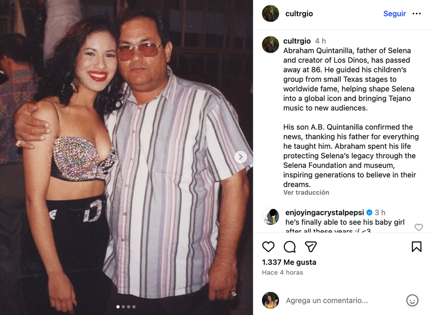 La cantante Selena Quintanilla junto a su padre Abraham Isaac Quintanilla Jr.,